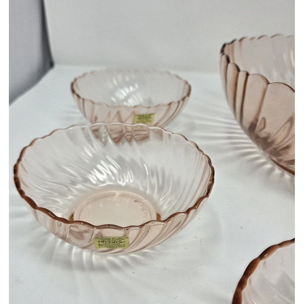 Arcoroc France Rosaline Pink Swirl Glass‎ Salad Bowl Set 7 Pc Vintage 1970s